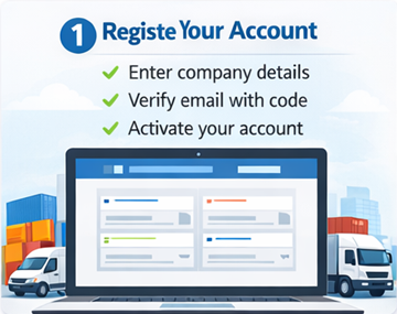 Образац за регистрацију превозника на ExusTrans-у са подацима о компанији и ПДВ-у и активацијом путем е-поште